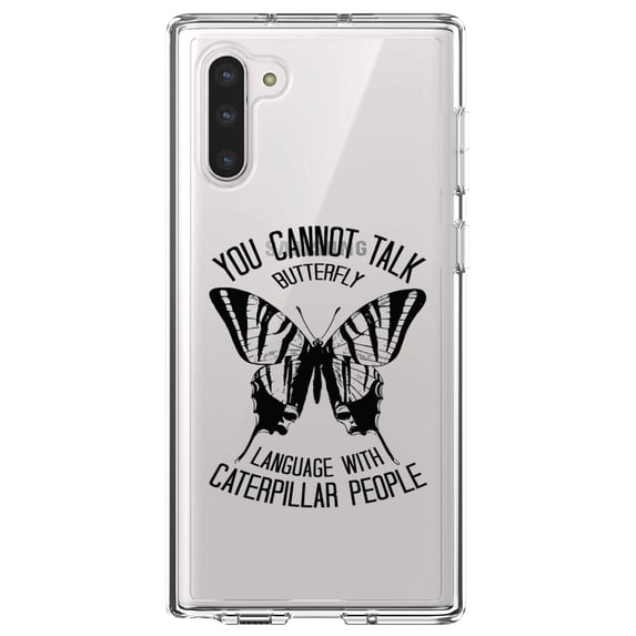 DistinctInk Clear Shockproof Hybrid Case for Samsung Galaxy Note 10 (6.3" Screen) - TPU Bumper Acrylic Back Tempered Glass Screen Protector - Can't Talk Butterfly with Caterpillar People