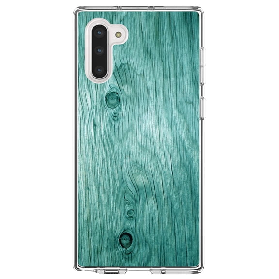 DistinctInk Clear Shockproof Hybrid Case for Samsung Galaxy Note 10 (6.3" Screen) - TPU Bumper, Acrylic Back, Tempered Glass Screen Protector - Teal Weathered Wood Grain Print - Printed Wood Image