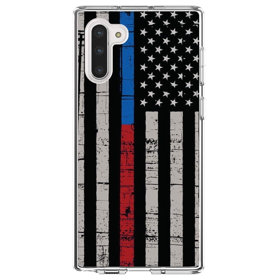 DistinctInk Clear Shockproof Hybrid Case for Samsung Galaxy Note 10 (6.3" Screen) - TPU Bumper, Acrylic Back, Tempered Glass Screen Protector - Thin Blue Line Thin Red Line US Flag - First Responders