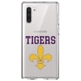 thumbnail image 1 of DistinctInk Clear Shockproof Hybrid Case for Samsung Galaxy Note 10 (6.3" Screen) - TPU Bumper, Acrylic Back, Tempered Glass Screen Protector - Tigers Football / Fleur de Lis - Purple, Gold, 1 of 1