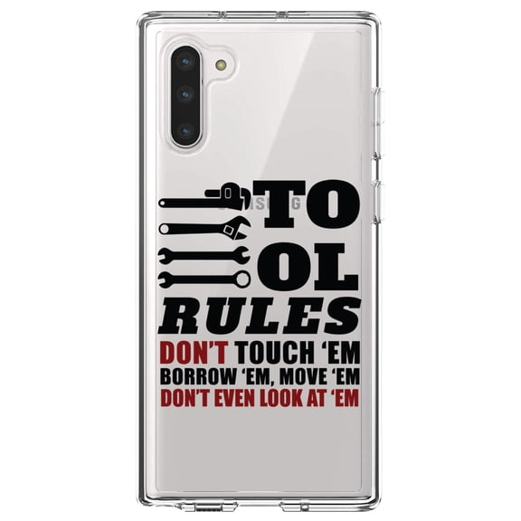 DistinctInk Clear Shockproof Hybrid Case for Samsung Galaxy Note 10 (6.3" Screen) - TPU Bumper Acrylic Back Tempered Glass Screen Protector - Tool Rules Don't Touch Borrow Move Look