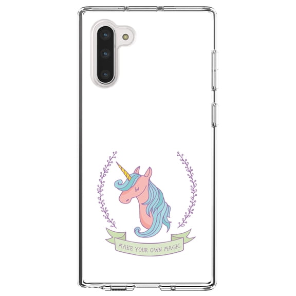 DistinctInk Clear Shockproof Hybrid Case for Samsung Galaxy Note 10 (6.3" Screen) - TPU Bumper, Acrylic Back, Tempered Glass Screen Protector - Unicorn - Make Your Own Magic - White