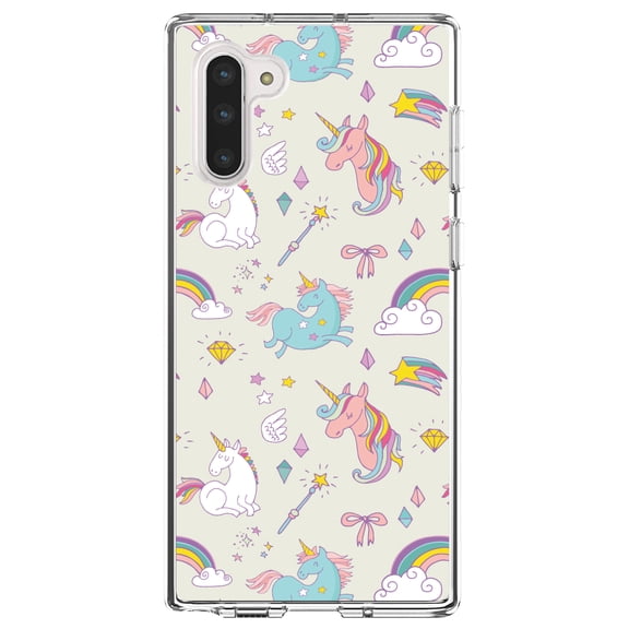 DistinctInk Clear Shockproof Hybrid Case for Samsung Galaxy Note 10 (6.3" Screen) - TPU Bumper, Acrylic Back, Tempered Glass Screen Protector - Unicorn Rainbow Wand Pattern - Beige