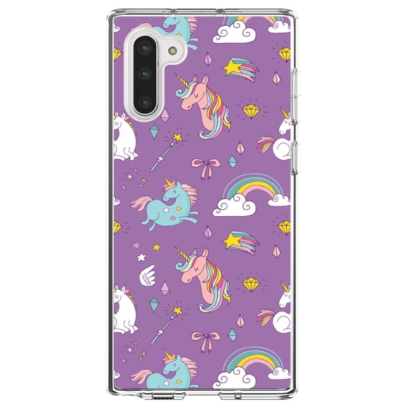 DistinctInk Clear Shockproof Hybrid Case for Samsung Galaxy Note 10 (6.3" Screen) - TPU Bumper, Acrylic Back, Tempered Glass Screen Protector - Unicorn Rainbow Wand Pattern - Purple