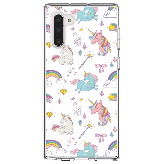 DistinctInk Clear Shockproof Hybrid Case for Samsung Galaxy Note 10 (6.3" Screen) - TPU Bumper, Acrylic Back, Tempered Glass Screen Protector - Unicorn Rainbow Wand Pattern - White