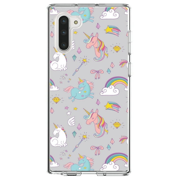 DistinctInk Clear Shockproof Hybrid Case for Samsung Galaxy Note 10 (6.3" Screen) - TPU Bumper, Acrylic Back, Tempered Glass Screen Protector - Unicorn Rainbow Wand Pattern - Grey