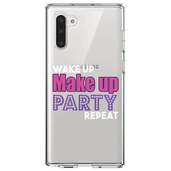 DistinctInk Clear Shockproof Hybrid Case for Samsung Galaxy Note 10 (6.3" Screen) - TPU Bumper Acrylic Back Tempered Glass Screen Protector - Wake Up Make Up Party Repeat