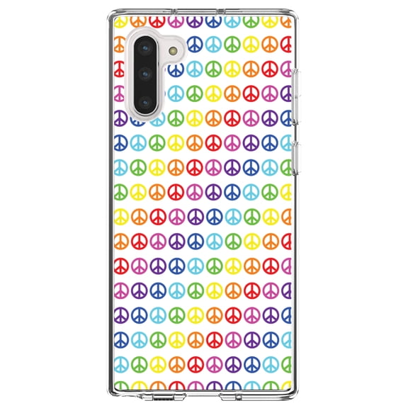 DistinctInk Clear Shockproof Hybrid Case for Samsung Galaxy Note 10 (6.3" Screen) - TPU Bumper, Acrylic Back, Tempered Glass Screen Protector - White Rainbow Peace Signs