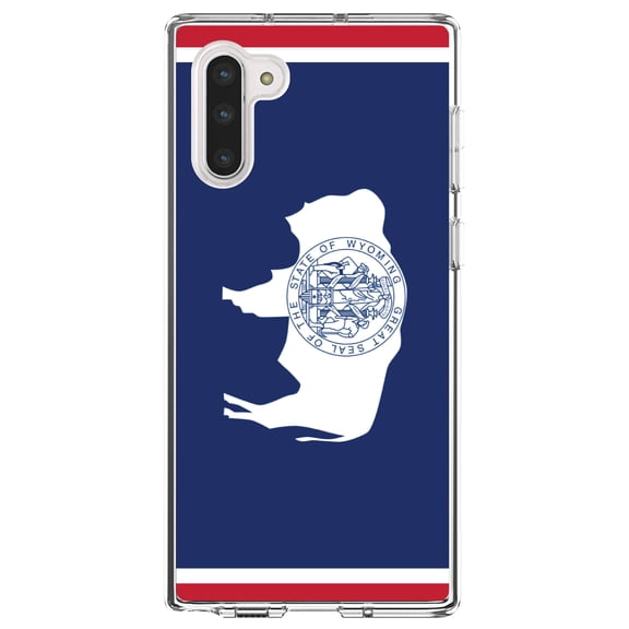 DistinctInk Clear Shockproof Hybrid Case for Samsung Galaxy Note 10 (6.3" Screen) - TPU Bumper, Acrylic Back, Tempered Glass Screen Protector - Wyoming State Flag - US State Flag