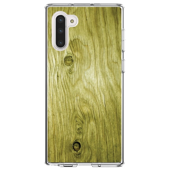 DistinctInk Clear Shockproof Hybrid Case for Samsung Galaxy Note 10 (6.3" Screen) - TPU Bumper, Acrylic Back, Tempered Glass Screen Protector - Yellow Weathered Wood Grain Print - Printed Wood Image