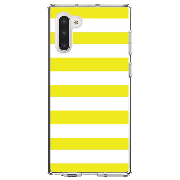 DistinctInk Clear Shockproof Hybrid Case for Samsung Galaxy Note 10 (6.3" Screen) - TPU Bumper, Acrylic Back, Tempered Glass Screen Protector - Yellow & White Bold Horizontal Stripes