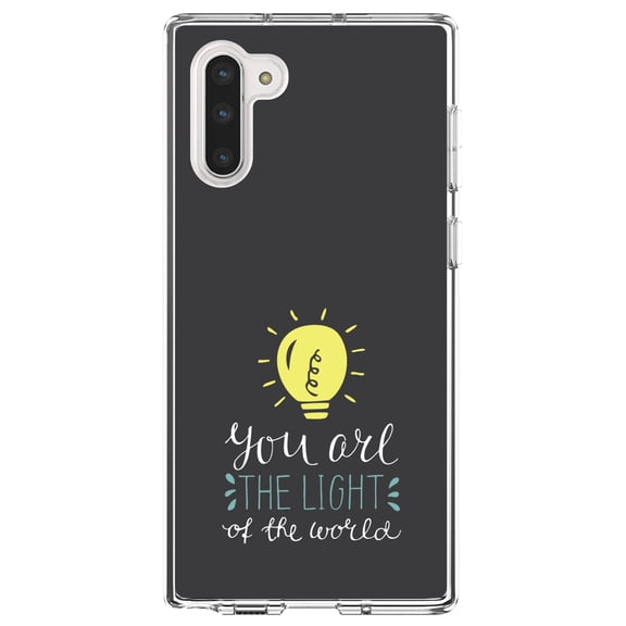 DistinctInk Clear Shockproof Hybrid Case for Samsung Galaxy Note 10 (6.3" Screen) - TPU Bumper, Acrylic Back, Tempered Glass Screen Protector - You Are the Light of the World / Bulb