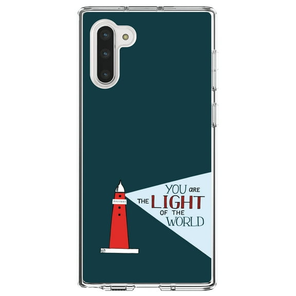 DistinctInk Clear Shockproof Hybrid Case for Samsung Galaxy Note 10 (6.3" Screen) - TPU Bumper, Acrylic Back, Tempered Glass Screen Protector - You Are the Light of the World / Light House