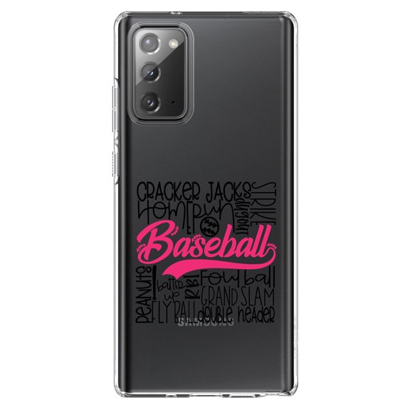 DistinctInk Clear Shockproof Hybrid Case for Samsung Galaxy Note 20 (6.7" Screen) - TPU Bumper Acrylic Back Tempered Glass Screen Protector - Baseball Word Art - Black & Pink
