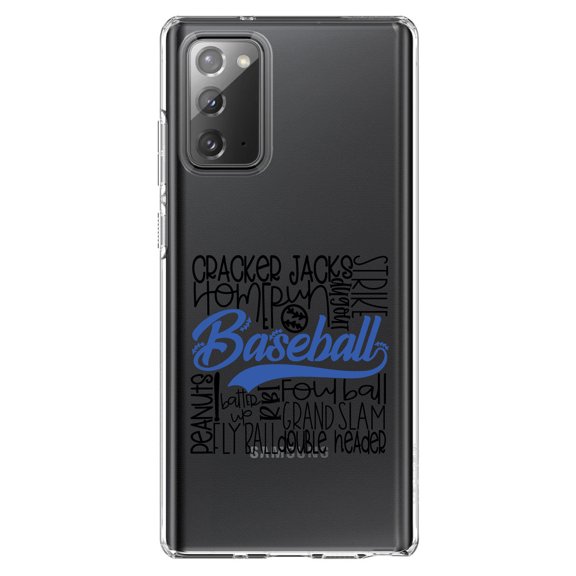 DistinctInk Clear Shockproof Hybrid Case for Samsung Galaxy Note 20 (6.7" Screen) - TPU Bumper Acrylic Back Tempered Glass Screen Protector - Baseball Word Art - Black & Blue
