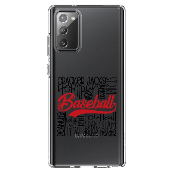 DistinctInk Clear Shockproof Hybrid Case for Samsung Galaxy Note 20 (6.7" Screen) - TPU Bumper Acrylic Back Tempered Glass Screen Protector - Baseball Word Art - Black & Red