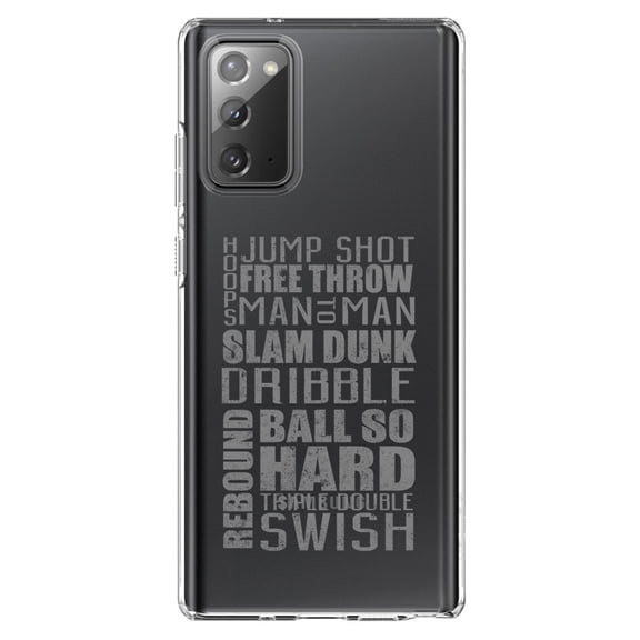 DistinctInk Clear Shockproof Hybrid Case for Samsung Galaxy Note 20 (6.7" Screen) - TPU Bumper Acrylic Back Tempered Glass Screen Protector - Basketball Word Art Jump Shot Free Throw