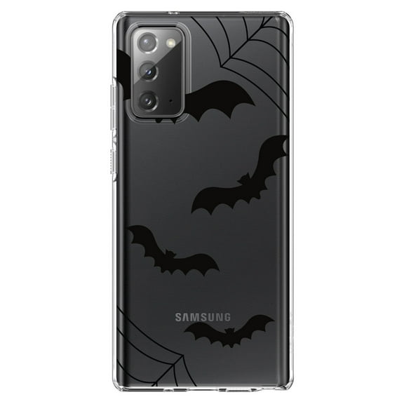 DistinctInk Clear Shockproof Hybrid Case for Samsung Galaxy Note 20 (6.7" Screen) - TPU Bumper, Acrylic Back, Tempered Glass Screen Protector - Bats and Spider Webs