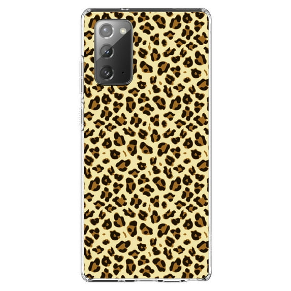 DistinctInk Clear Shockproof Hybrid Case for Samsung Galaxy Note 20 (6.7" Screen) - TPU Bumper, Acrylic Back, Tempered Glass Screen Protector - Black Beige Tan Leopard Skin Spots