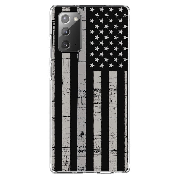 DistinctInk Clear Shockproof Hybrid Case for Samsung Galaxy Note 20 (6.7" Screen) - TPU Bumper, Acrylic Back, Tempered Glass Screen Protector - Black Grey US Flag United States - America