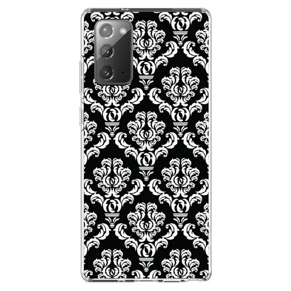 DistinctInk Clear Shockproof Hybrid Case for Samsung Galaxy Note 20 (6.7" Screen) - TPU Bumper, Acrylic Back, Tempered Glass Screen Protector - Black White Damask Pattern - Floral Damask Pattern