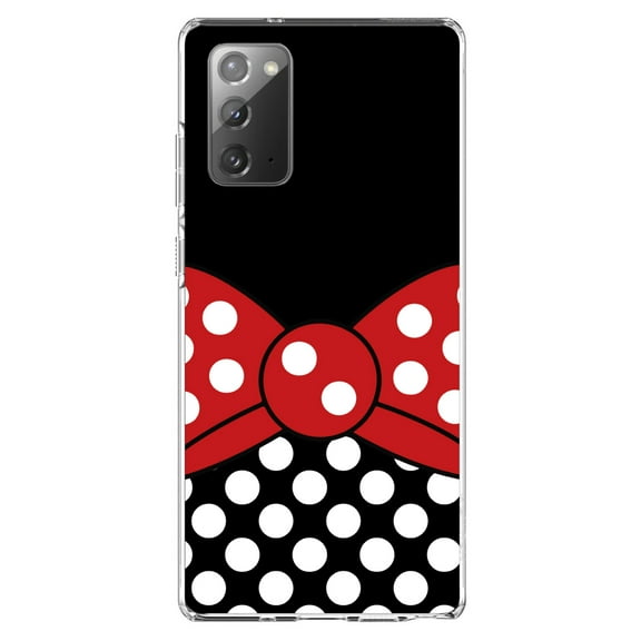 DistinctInk Clear Shockproof Hybrid Case for Samsung Galaxy Note 20 (6.7" Screen) - TPU Bumper, Acrylic Back, Tempered Glass Screen Protector - Black White Polka Dot Red Bow Minnie