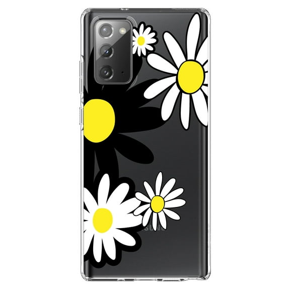 DistinctInk Clear Shockproof Hybrid Case for Samsung Galaxy Note 20 (6.7" Screen) - TPU Bumper Acrylic Back Tempered Glass Screen Protector - Black & Yellow Modern Daisies