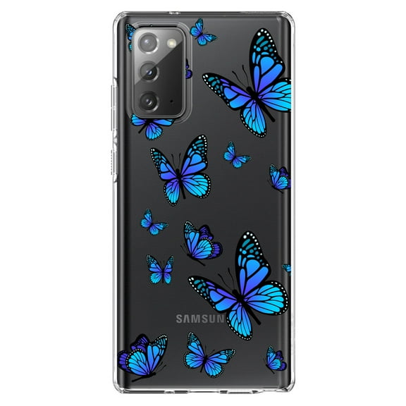 DistinctInk Clear Shockproof Hybrid Case for Samsung Galaxy Note 20 (6.7" Screen) - TPU Bumper Acrylic Back Tempered Glass Screen Protector - Blue Butterflies Butterfly