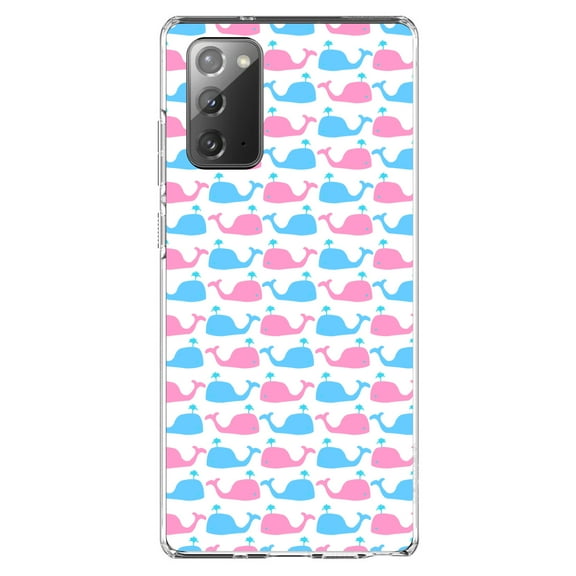 DistinctInk Clear Shockproof Hybrid Case for Samsung Galaxy Note 20 (6.7" Screen) - TPU Bumper, Acrylic Back, Tempered Glass Screen Protector - Blue Pink Cartoon Whales - Cartoon Whales