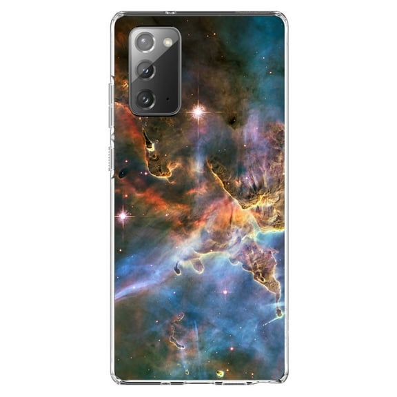 DistinctInk Clear Shockproof Hybrid Case for Samsung Galaxy Note 20 (6.7" Screen) - TPU Bumper, Acrylic Back, Tempered Glass Screen Protector - Blue Pink Orange Carina Nebula - Astronomy