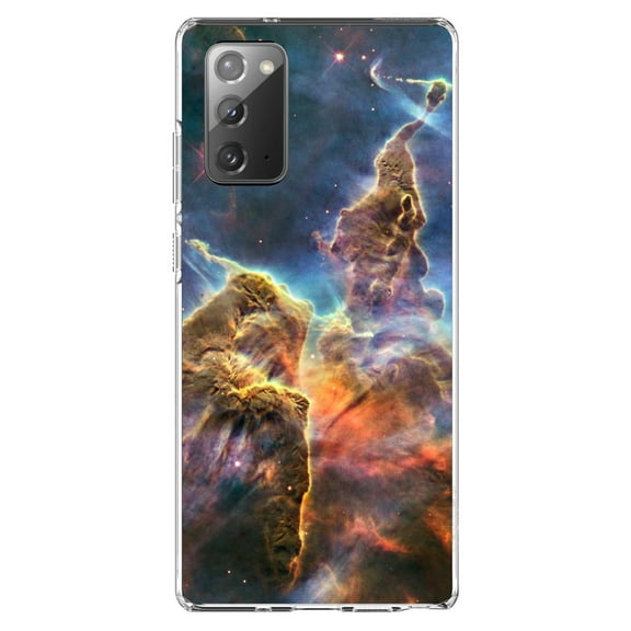 DistinctInk Clear Shockproof Hybrid Case for Samsung Galaxy Note 20 (6.7" Screen) - TPU Bumper, Acrylic Back, Tempered Glass Screen Protector - Blue Yellow Orange Carina Nebula - Astronomy