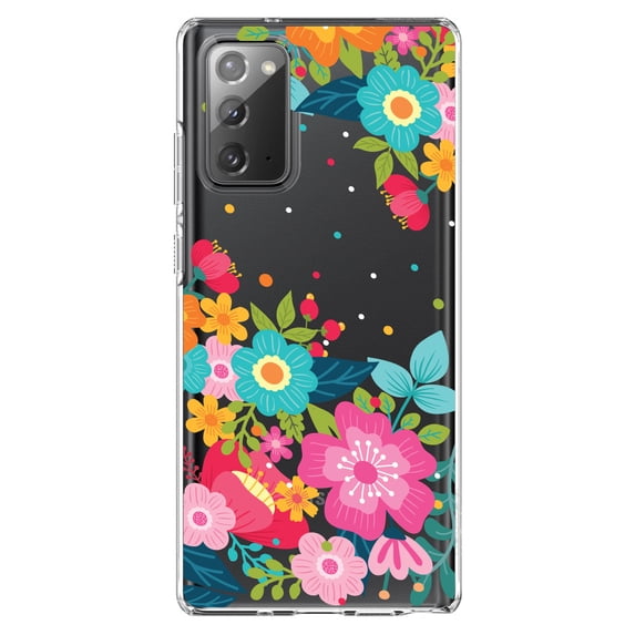 DistinctInk Clear Shockproof Hybrid Case for Samsung Galaxy Note 20 (6.7" Screen) - TPU Bumper, Acrylic Back, Tempered Glass Screen Protector - Bright Colored Flowers and Dots