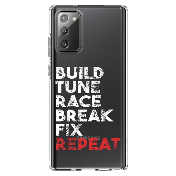 DistinctInk Clear Shockproof Hybrid Case for Samsung Galaxy Note 20 (6.7" Screen) - TPU Bumper Acrylic Back Tempered Glass Screen Protector - Build Tune Race Break Fix Repeat