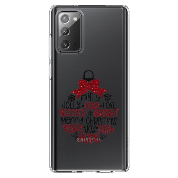 DistinctInk Clear Shockproof Hybrid Case for Samsung Galaxy Note 20 (6.7" Screen) - TPU Bumper Acrylic Back Tempered Glass Screen Protector - Christmas Words Ornament Red Glitter Look