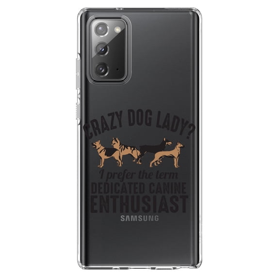DistinctInk Clear Shockproof Hybrid Case for Samsung Galaxy Note 20 (6.7" Screen) - TPU Bumper Acrylic Back Tempered Glass Screen Protector - Crazy Dog Lady? Canine Enthusiast