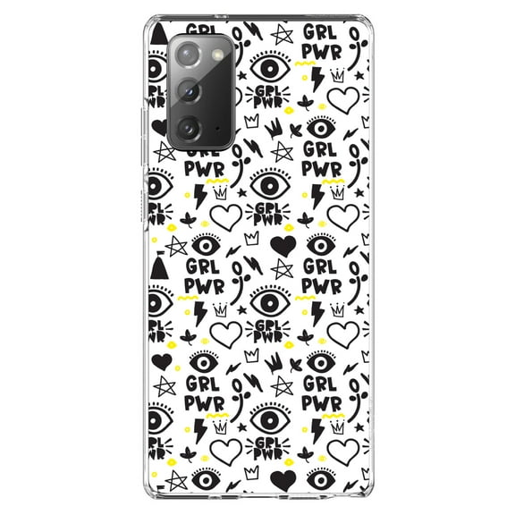 DistinctInk Clear Shockproof Hybrid Case for Samsung Galaxy Note 20 (6.7" Screen) - TPU Bumper, Acrylic Back, Tempered Glass Screen Protector - Girl Power - GRL PWR - Yellow Black