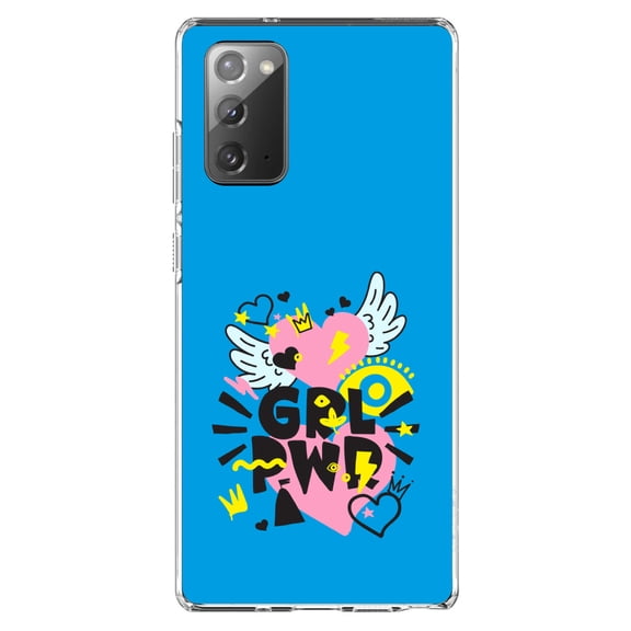 DistinctInk Clear Shockproof Hybrid Case for Samsung Galaxy Note 20 (6.7" Screen) - TPU Bumper, Acrylic Back, Tempered Glass Screen Protector - Girl Power - GRL PWR - Pink, Blue, Yellow
