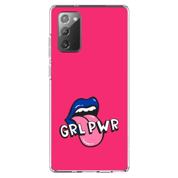 DistinctInk Clear Shockproof Hybrid Case for Samsung Galaxy Note 20 (6.7" Screen) - TPU Bumper, Acrylic Back, Tempered Glass Screen Protector - Girl Power - GRL PWR - Loud Mouth, Pink & Blue