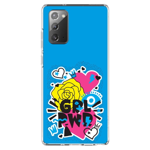 DistinctInk Clear Shockproof Hybrid Case for Samsung Galaxy Note 20 (6.7" Screen) - TPU Bumper, Acrylic Back, Tempered Glass Screen Protector - Girl Power - GRL PWR - Blue, Pink, Yellow