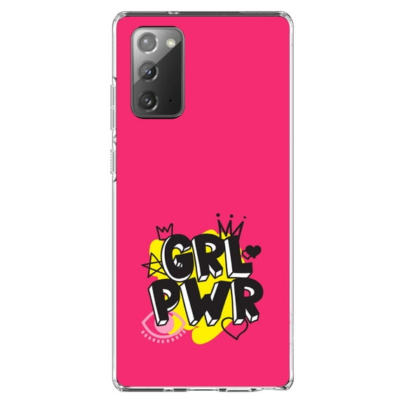 DistinctInk Clear Shockproof Hybrid Case for Samsung Galaxy Note 20 (6.7" Screen) - TPU Bumper, Acrylic Back, Tempered Glass Screen Protector - Girl Power - GRL PWR - Pink Yellow Black