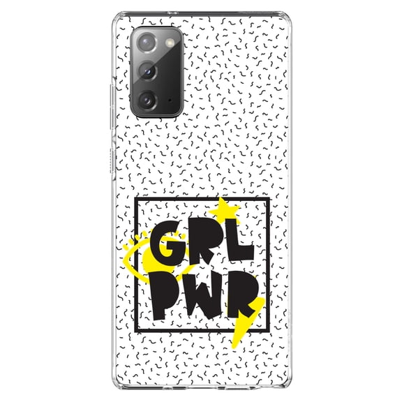 DistinctInk Clear Shockproof Hybrid Case for Samsung Galaxy Note 20 (6.7" Screen) - TPU Bumper, Acrylic Back, Tempered Glass Screen Protector - Girl Power - GRL PWR - Yellow & Black Box