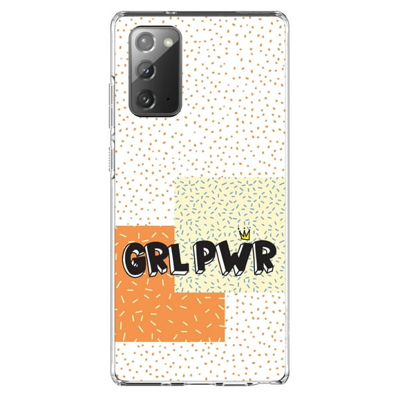 DistinctInk Clear Shockproof Hybrid Case for Samsung Galaxy Note 20 (6.7" Screen) - TPU Bumper, Acrylic Back, Tempered Glass Screen Protector - Girl Power - GRL PWR - Crown, Polka Dots