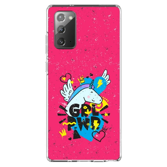 DistinctInk Clear Shockproof Hybrid Case for Samsung Galaxy Note 20 (6.7" Screen) - TPU Bumper, Acrylic Back, Tempered Glass Screen Protector - Girl Power - GRL PWR - Unicorn Hearts Graffiti