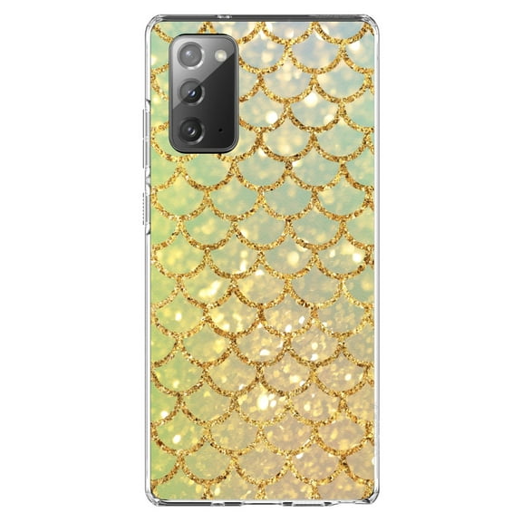DistinctInk Clear Shockproof Hybrid Case for Samsung Galaxy Note 20 (6.7" Screen) - TPU Bumper, Acrylic Back, Tempered Glass Screen Protector - Gold Green Mermaid Scales