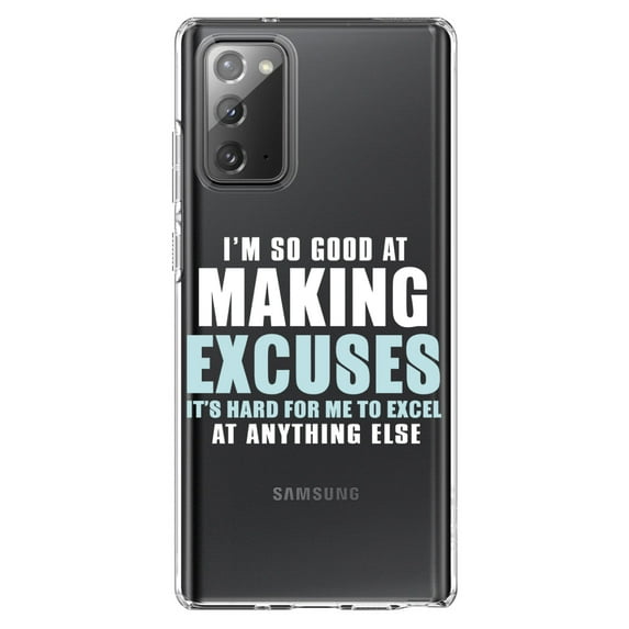 DistinctInk Clear Shockproof Hybrid Case for Samsung Galaxy Note 20 (6.7" Screen) - TPU Bumper Acrylic Back Tempered Glass Screen Protector - I'm So Good at Making Excuses