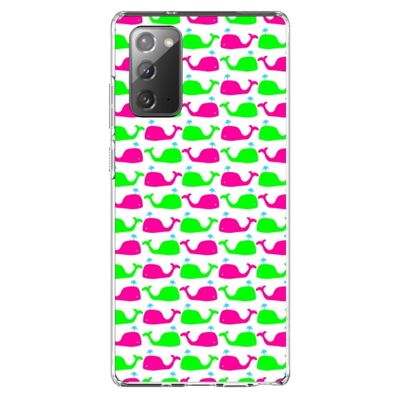 DistinctInk Clear Shockproof Hybrid Case for Samsung Galaxy Note 20 (6.7" Screen) - TPU Bumper, Acrylic Back, Tempered Glass Screen Protector - Green Pink Cartoon Whales - Cartoon Whales