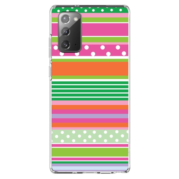 DistinctInk Clear Shockproof Hybrid Case for Samsung Galaxy Note 20 (6.7" Screen) - TPU Bumper, Acrylic Back, Tempered Glass Screen Protector - Green Pink White Stripes Polka Dots