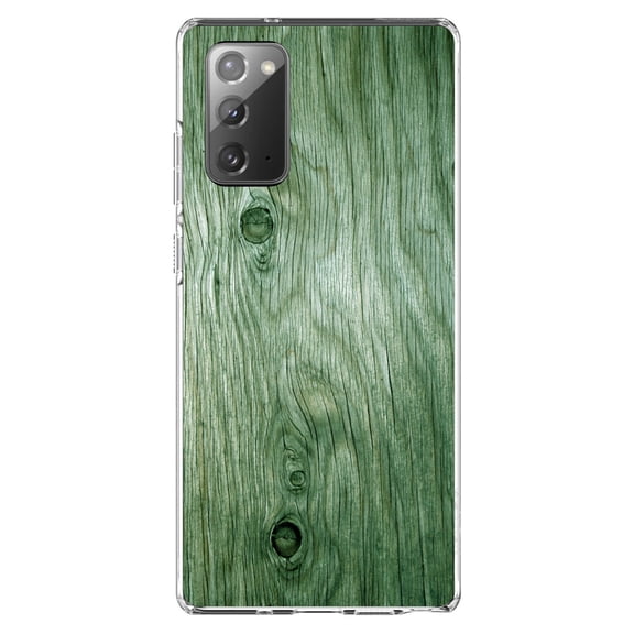 DistinctInk Clear Shockproof Hybrid Case for Samsung Galaxy Note 20 (6.7" Screen) - TPU Bumper, Acrylic Back, Tempered Glass Screen Protector - Green Weathered Wood Grain Print - Printed Wood Image