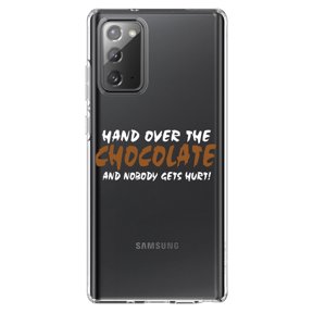 DistinctInk Clear Shockproof Hybrid Case for Samsung Galaxy Note 20 (6.7" Screen) - TPU Bumper Acrylic Back Tempered Glass Screen Protector - Hand Over The Chocolate Nobody Gets Hurt