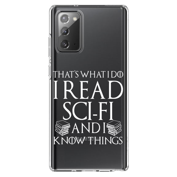 DistinctInk Clear Shockproof Hybrid Case for Samsung Galaxy Note 20 (6.7" Screen) - TPU Bumper Acrylic Back Tempered Glass Screen Protector - I Read Sci-Fi and I Know Things